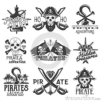 Vector set of pirates logos, emblems, badges, labels or banners. Isolated vintage style illustrations. Monochrome flags Vector Illustration