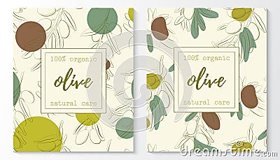 Vector set of olive natural cosmetic horizontal banners on a pattern. Vector hand drawn illustration Vector Illustration