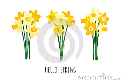 Vector set of positive floral illustrations isolated on white background. Early spring garden flowers. Yellow daffodils Vector Illustration