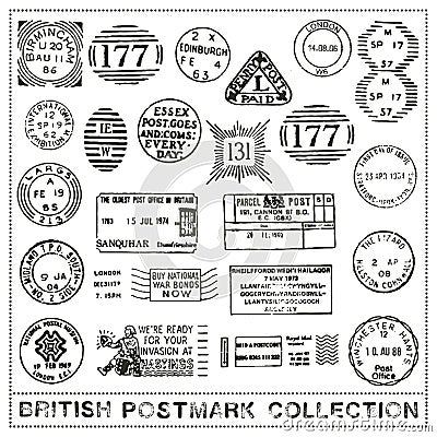 Large historical UK postmark collection Vector Illustration