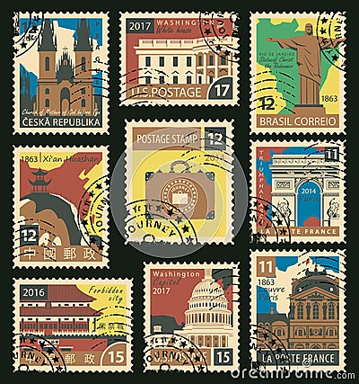 Set of postage stamps on the travel theme Vector Illustration