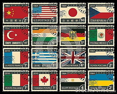 Set of stamps with flags of different countries Vector Illustration