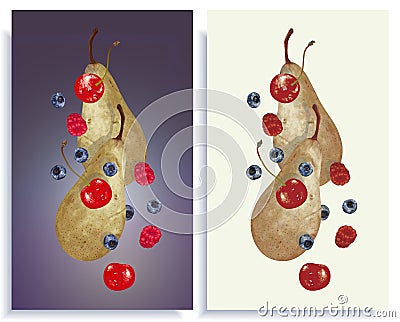 Vector set of postcard with art composition: hand-drawn yellow pears conference with blueberry, raspberry, cherry. Juice and Stock Photo