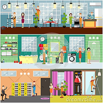 Electrical, plumbing, gas appliance repair services vector flat poster set Vector Illustration