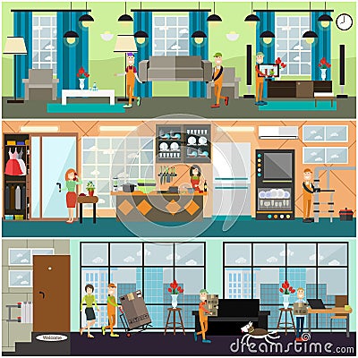 Plumbing , moving and delivery services concept vector flat poster set Vector Illustration