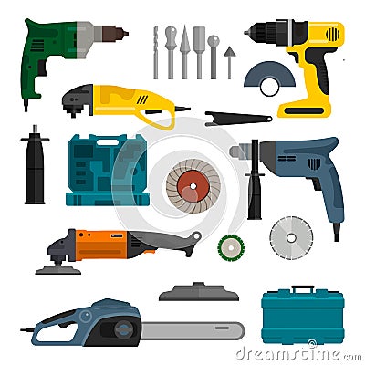 Vector set of power electric tools. Repair and construction working equipment. Vector Illustration