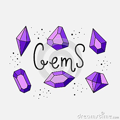 Vector set of precious, semiprecious stones. Hand-drawn style, Doodle. Vector Illustration