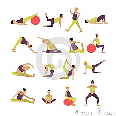 Vector set of pregnant women are doing exercise and yoga. Design elements, icons on white background Vector Illustration