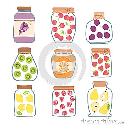 Vector set of preserved fruits in glass jars. Canned fruit illustration. Vector Illustration