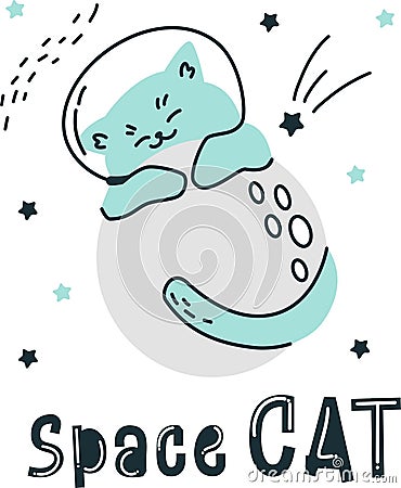 Vector set for printing on children's products. An astronaut cat hugs the moon and sleeps on it. Space cat Vector Illustration