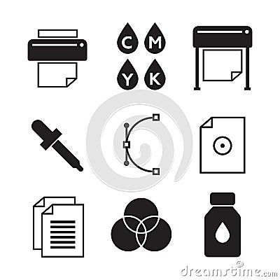 Vector set of printing icons. Palette and printer, curve bezier Stock Photo