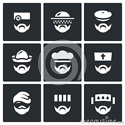 Vector Set of Profession People Icons. Doctor, Beekeeper, Hunter, Attendant, Cook, Priest, Homeless, Prisoner, Patient. Vector Illustration