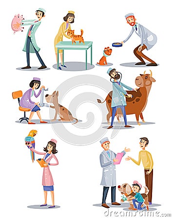 Vector set of professional vet doctors, animals, veterinary, clinic for pets. Cartoon characters, medical care concept. Vector Illustration