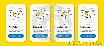 Vector set of Project deadline, Reject medal and Smile face line icons set. Vector Vector Illustration