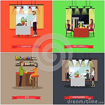 Vector set of pub and restaurant concept posters, flat style Vector Illustration
