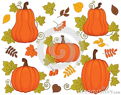 Vector Set with Pumpkins, Berries and Leaves. Vector Halloween and Thanksgiving Day. Pumpkin Vector Illustration. Vector Illustration