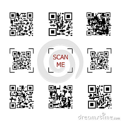 Vector Set of QR Codes, Scan Me, Code Generator Concept, Black Icons Isolated. Vector Illustration