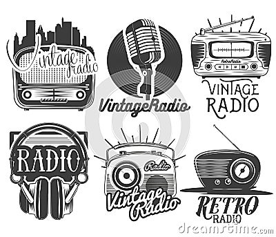 Vector set of radio and music labels in vintage style isolated on white background. Vector Illustration