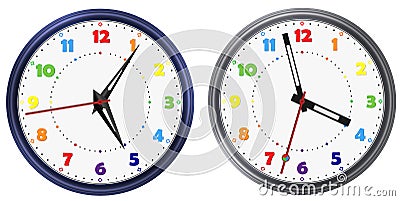 Vector set of Rainbow colors modern round clock with various clock hands. Rainbow colorful clock dial face. Vector clock Vector Illustration