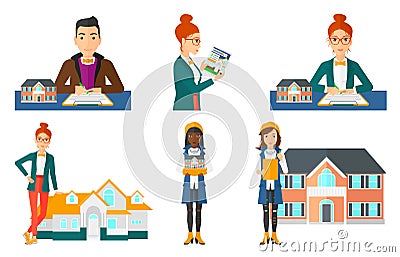 Vector set of real estate agents and house owners. Vector Illustration