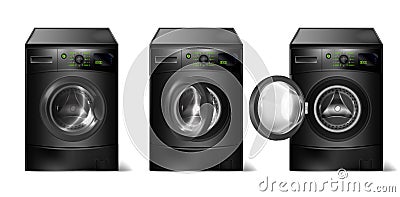 Vector set of realistic black washing machines Vector Illustration