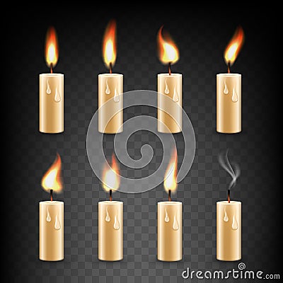 Vector realistic candle with fire animation icon set Vector Illustration