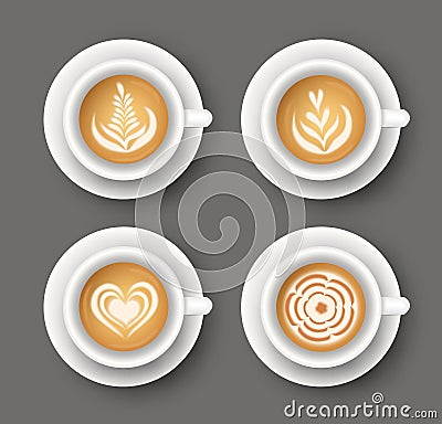 Vector set with realistic cups with coffee. Collection of Latte art top view Vector Illustration