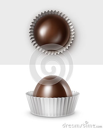 Vector Set of Realistic Dark Black Bitter Chocolate Candies in White Glossy Corrugated Papper Wrapper Vector Illustration