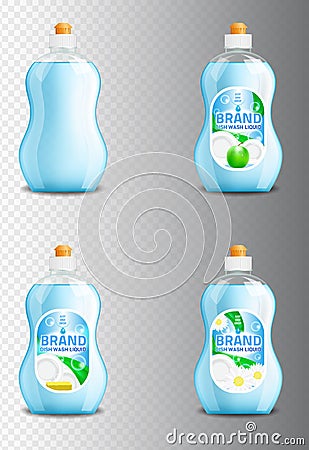 Vector set of realistic dishwashing liquid product icons on transparent background. Plastic bottle label design Vector Illustration