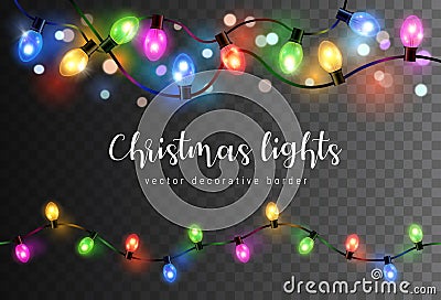 Vector set of realistic glowing colorful christmas lights in seamless pattern isolated on dark background Vector Illustration