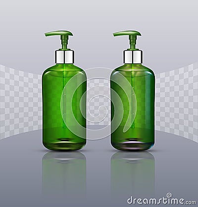 Vector set. Realistic, green, transparent bottles with soap pump Vector Illustration