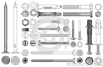 Vector set of realistic and line nuts, bolts, screws and rivets. Vector Illustration