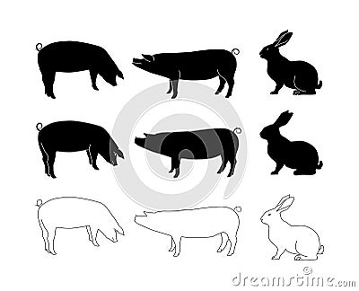 Vector set of realistic silhouettes of pigs and hare. Linear drawing isolated background Stock Photo