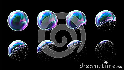 Vector set of realistic transparent colorful soap bubbles in stages of the explosion and deformation. Water spheres with Vector Illustration