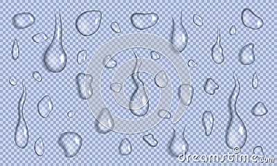 Vector set of realistic water drops and splash different sizes on a transparent background, condensation of rain, vector. Vector Illustration