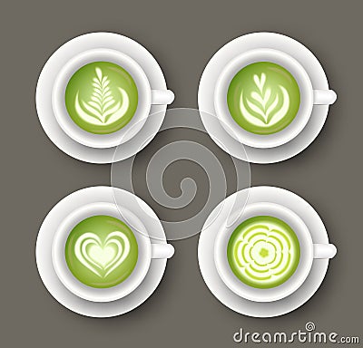 Vector set with realistic white cups with matcha latte drink. Top view of healthy hot green beverage. 3d template of mug with tea Vector Illustration