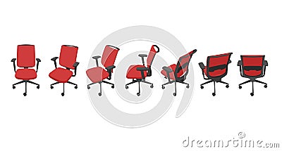 Vector set with red isolated office chairs in different views. Vector Illustration