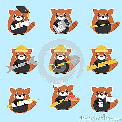 Vector set of red pandas various professions: Scientist, accountant, teacher, Vector Illustration