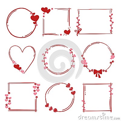 Vector set of red square frames with hearts, flourishes, curls in vintage art deco style Vector Illustration