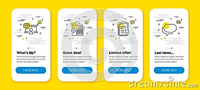 Vector set of Reject checklist, Seo shopping and Vip access line icons set. Vector Vector Illustration