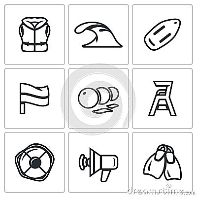 Vector Set of Rescue on Water Icons. Life Jacket, Tsunami, Float, Flag, Buoys, Towers Saver, Lifebuoy, Speaker, Fins. Vector Illustration