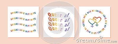 Vector set of retro greeting cards for LGBTQIA Pride Month. Social media post with groovy queer slogans, wavy phrases Vector Illustration