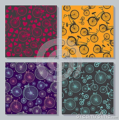 Vector set of retro, vintage bicycles seamless patterns Vector Illustration