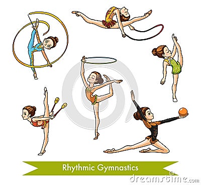 Vector set of rhythmic gymnastics. Cartoon girl Vector Illustration