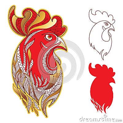 Vector set with rooster or head profile in gold and red on white. Symbol of New Year 2017 in Chinese calendar. Vector Illustration