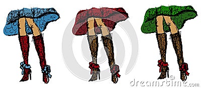 Vector set of rough colored sketches of female legs with high heel knee boots and skirt Vector Illustration