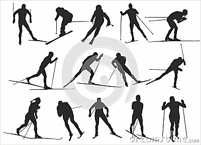 Vector set of running skiers. Vector Illustration