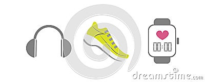 Vector set of running sport icons - running shoe, smart watch, wireless earphones - for sport team, runner club, triathlon Stock Photo