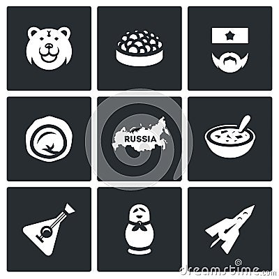 Vector Set of Russia Icons. Bear, Caviar, Soldier, Dumpling, Territory, Cuisine, Balalaika. Vector Illustration