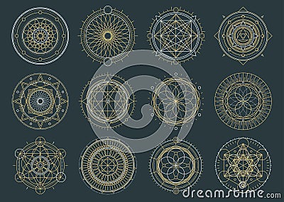 Vector set of sacred geometric figures, dreamcatcher and mystic symbols, alchemical and spiritual signs Vector Illustration